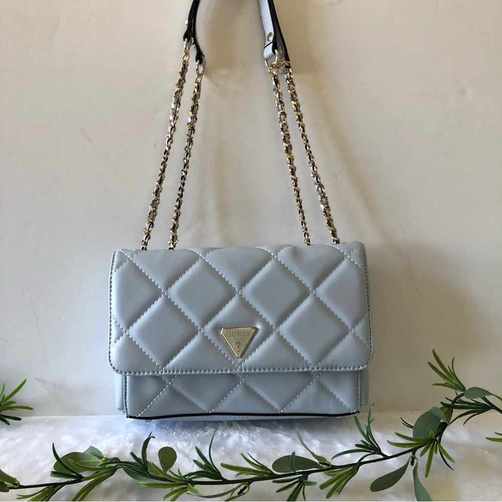 Guess Cessily Convertible Quilted Crossbody Flap Handbag, Pale Blue